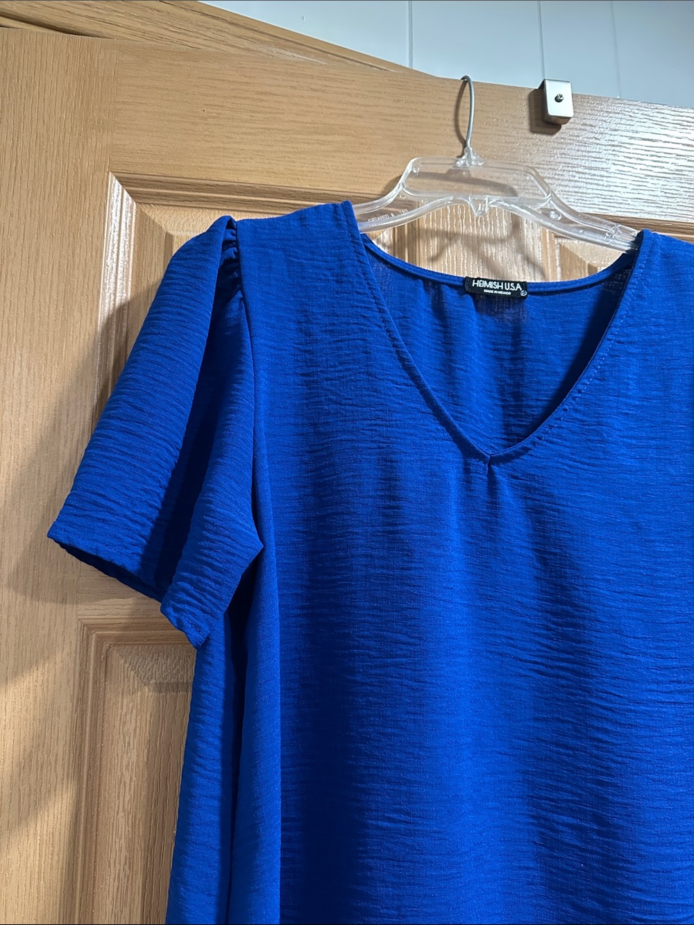 Hemish USA Royal Blue V-Neck Textured Short Sleeve Blouse - Picture 3 of 7